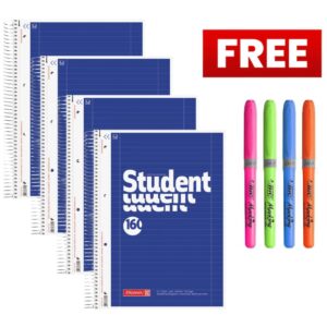 Brunnen A4 Refill Pad Ruled Paper Spiral 160 Pages Pack x 4 + FREE BIC 4-Pack Highlighters