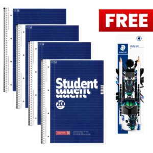 Brunnen A4 Refill Pad Ruled Paper Spiral 200 Pages Pack x 4 + FREE Staedtler Study Stationery Set